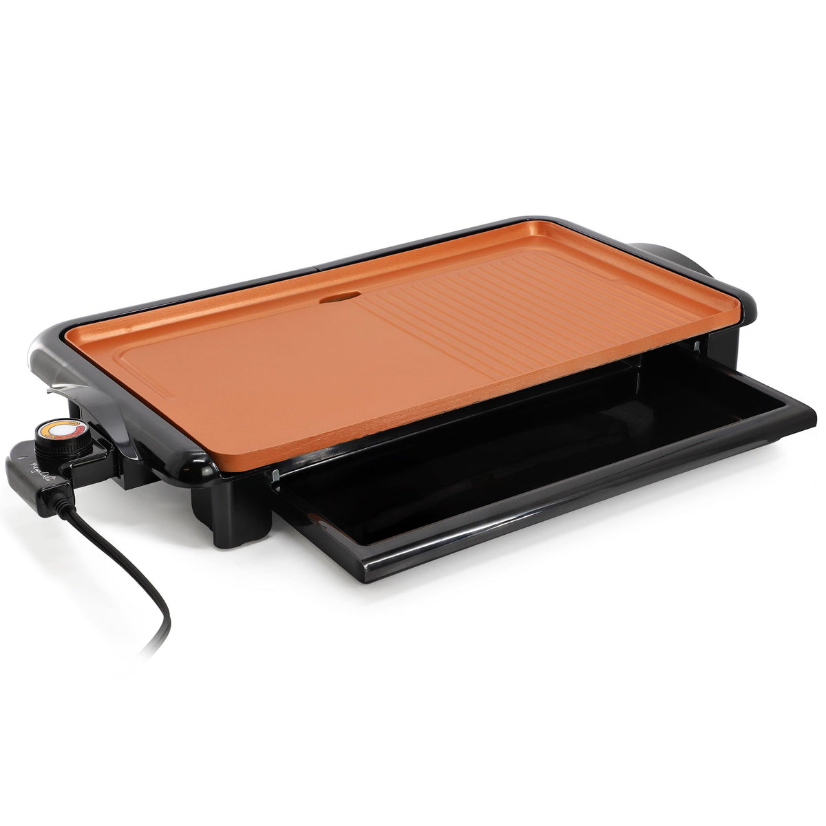 MegaChef MCG-4826YA 18.89 Inch Copper-Coated Nonstick Electric Grill and Griddle, 1400W with Detachable Thermostat and Drip Tray, Black