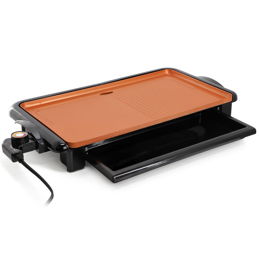 MegaChef MCG-4826YA 18.89 Inch Copper-Coated Nonstick Electric Grill and Griddle, 1400W with Detachable Thermostat and Drip Tray, Black