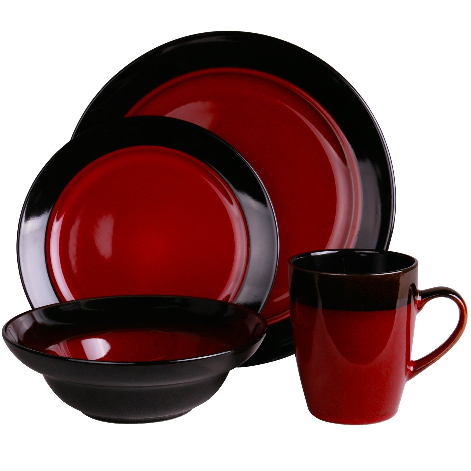 Elama Tanizia 16-Piece High Gloss Stoneware Dinnerware Set – Red & Black | Service for 4
