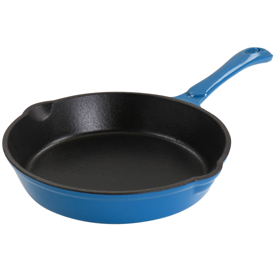 MegaChef MCCE-8TUR 8 in Cast Iron Frying Pan, Turquoise Enameled Exterior, Pre-Seasoned Interior, Dual Pour Spouts, Oven Safe to 500°F