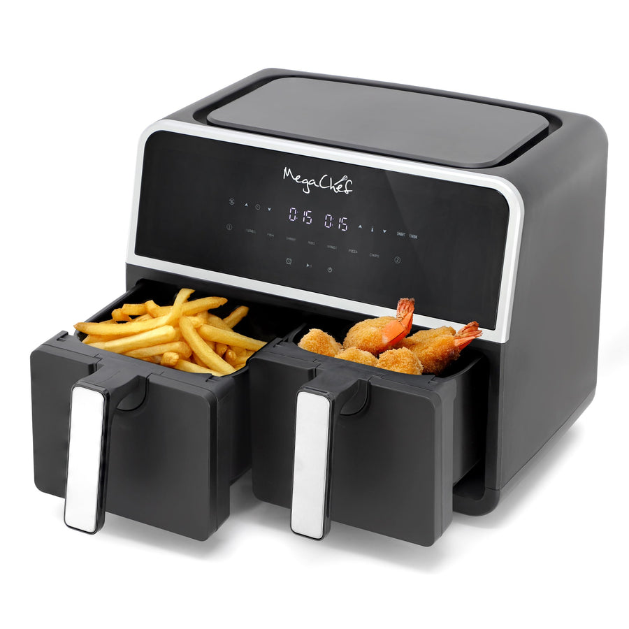 MegaChef dual basket digital air fryer in black and stainless steel with two 4.8-quart drawers and LED touch display
