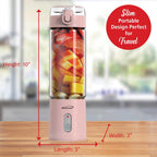 Brentwood RJB-100PK 17oz Portable USB-Rechargeable Glass Blender, Pink - Cordless Personal Smoothie Blender