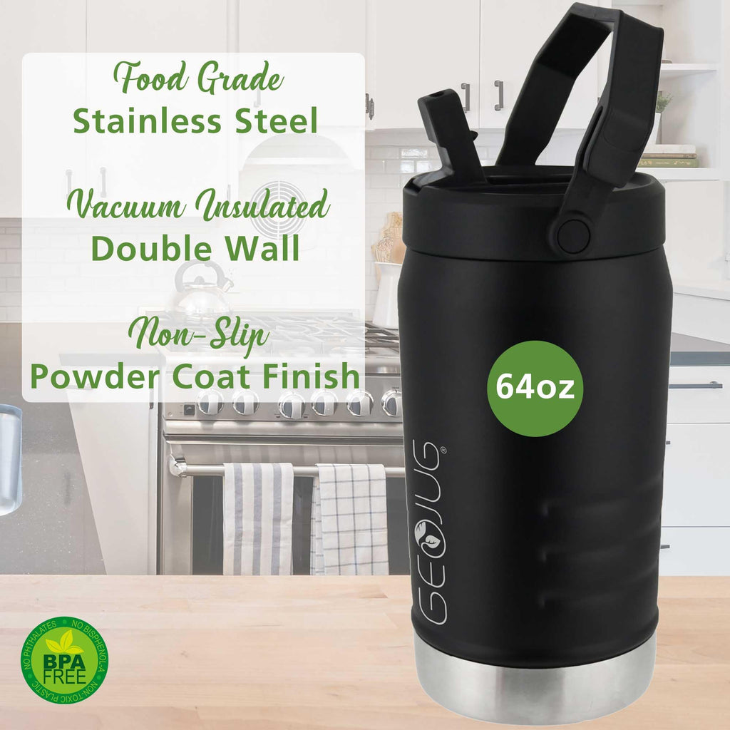 Brentwood GeoJug G-1900BK 64 oz Vacuum Insulated Sports Water Jug with Straw Lid and Fence Hook - Black