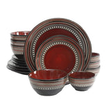 Gibson Elite Café Versailles 16-piece red stoneware double bowl dinnerware set with dark striped bands, plates and bowls stacked