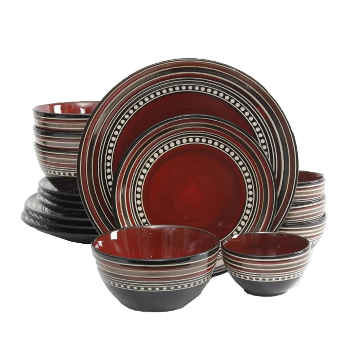 Gibson Elite Café Versailles 16-piece red stoneware double bowl dinnerware set with dark striped bands, plates and bowls stacked