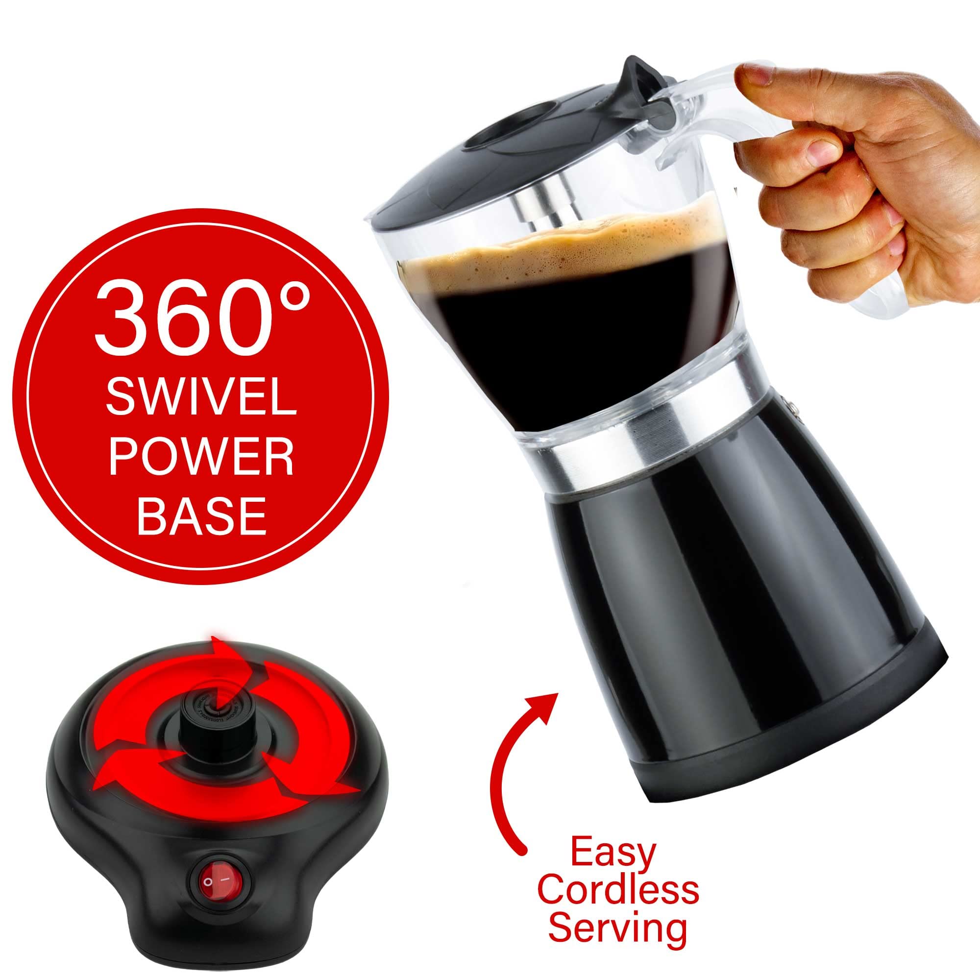 Brentwood TS-119BK Cordless Electric Moka Pot Espresso Machine - Black, 550W, Brews 3-6 Servings, 360° Swivel Base