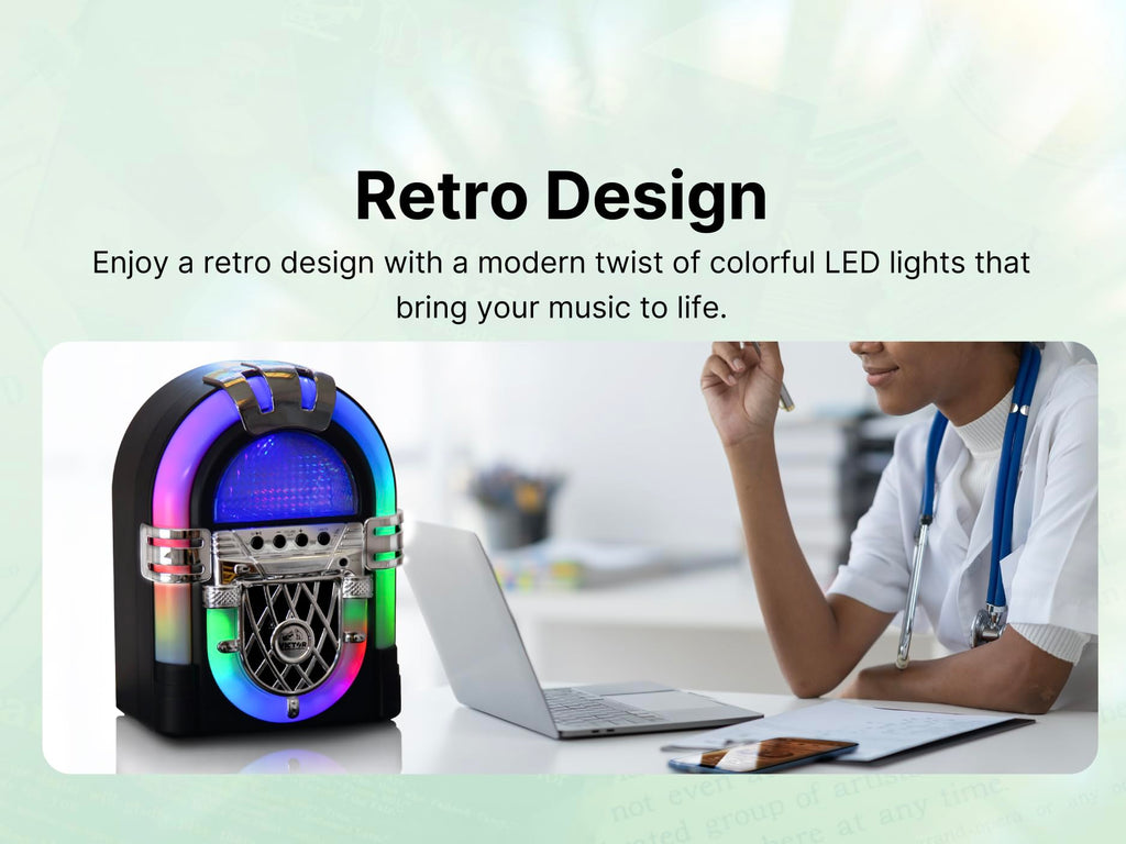 VICTOR VDTJ-1000 Mini Bluetooth Jukebox – Multicolor LED Lighting, Rechargeable Battery, USB/SD/Aux Wireless Stereo Speaker