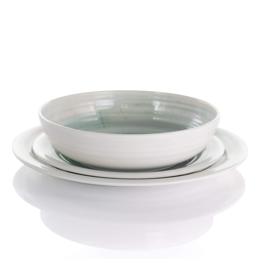 Melamine Dinnerware Set, 12-Piece Service for 4, Lightweight Potters Wheel Design, White and Light Blue, by Elama