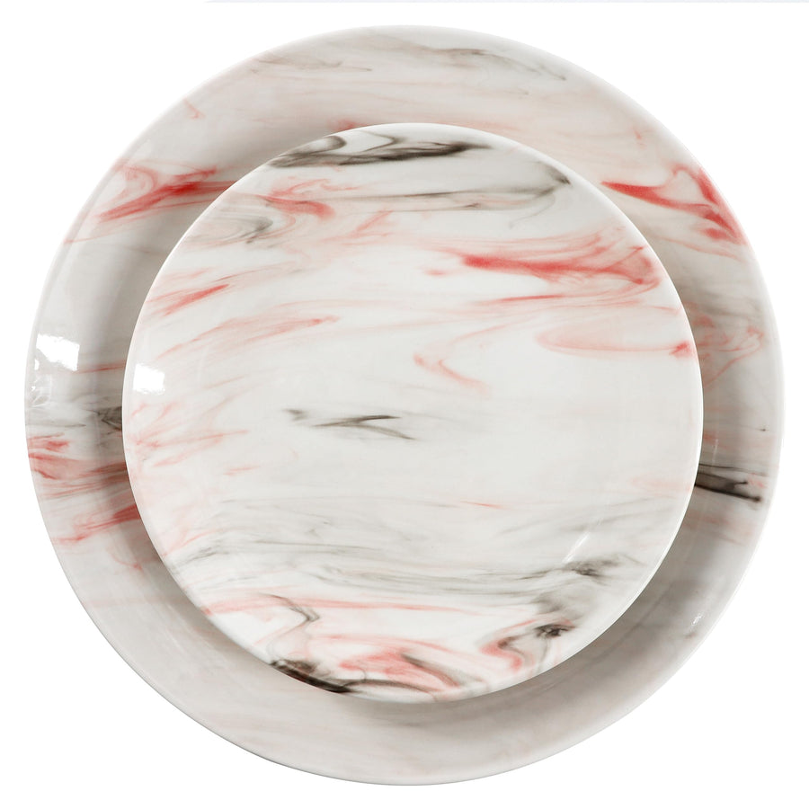 Top view of the Elama Fine Marble 8 inch salad plate stacked on the 10.75 inch porcelain dinner plate