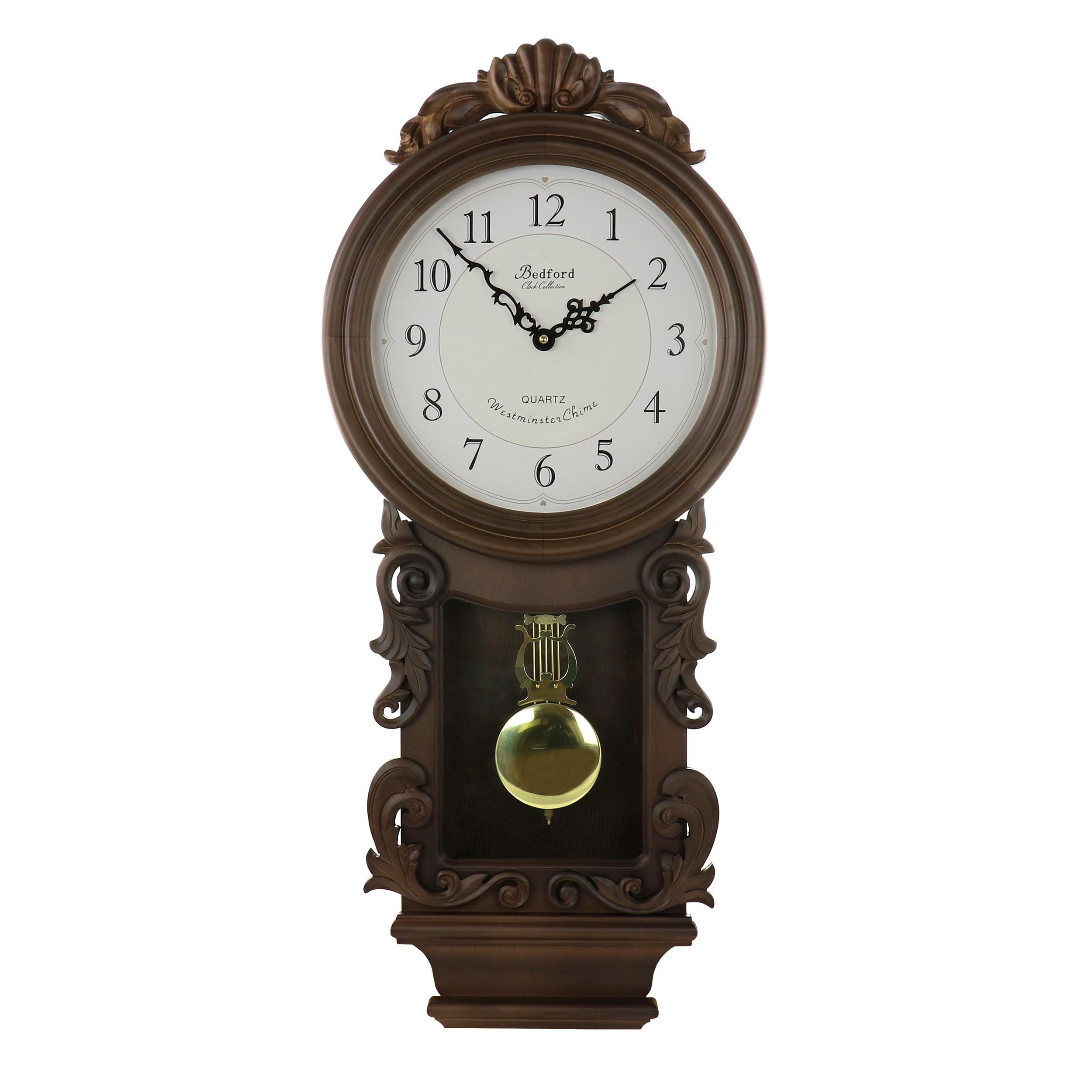 Bedford Clock Collection Chestnut Chiming Pendulum Wall Clock – Westminster Chime, Quartz Movement, Traditional Wood Frame