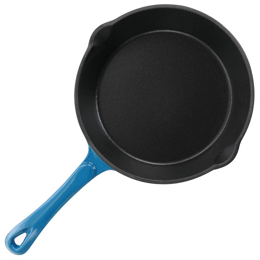 MegaChef MCCE-8TUR 8 in Cast Iron Frying Pan, Turquoise Enameled Exterior, Pre-Seasoned Interior, Dual Pour Spouts, Oven Safe to 500°F