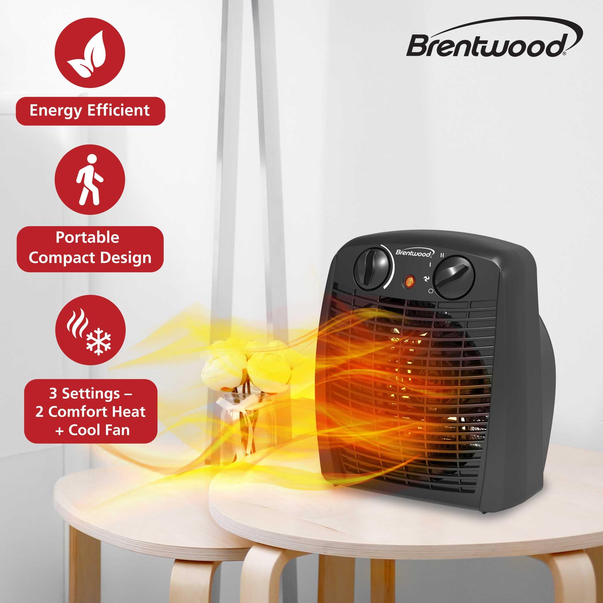 Brentwood H-F305BK 1500W Portable Electric Space Heater and Fan with Thermostat - Black