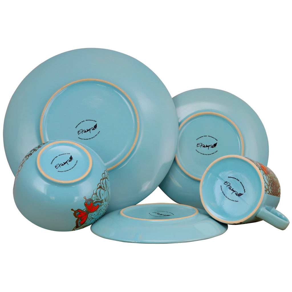 Elama Butterfly Garden 16-Piece Stoneware Dinnerware Set – Floral Service for 4 with Plates, Bowls & Mugs (Microwave & Dishwasher Safe)