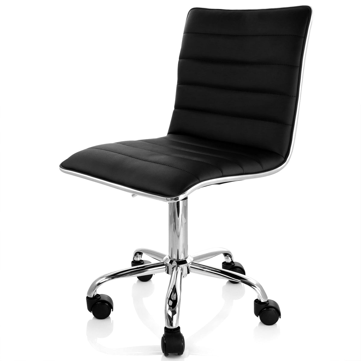 Elama black striped faux leather rolling chair, front three-quarter view showing the channel-stitched back and chrome base