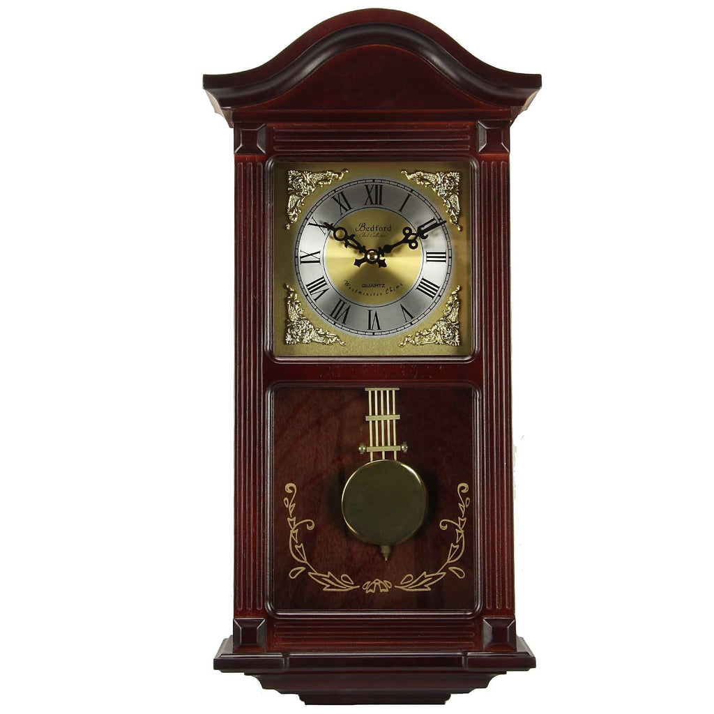 Bedford Clock Collection 22" Wood Chiming Wall Clock with Brass Pendulum – Mahogany Cherry Oak Finish, Quartz Movement & 4 Westminster Chimes