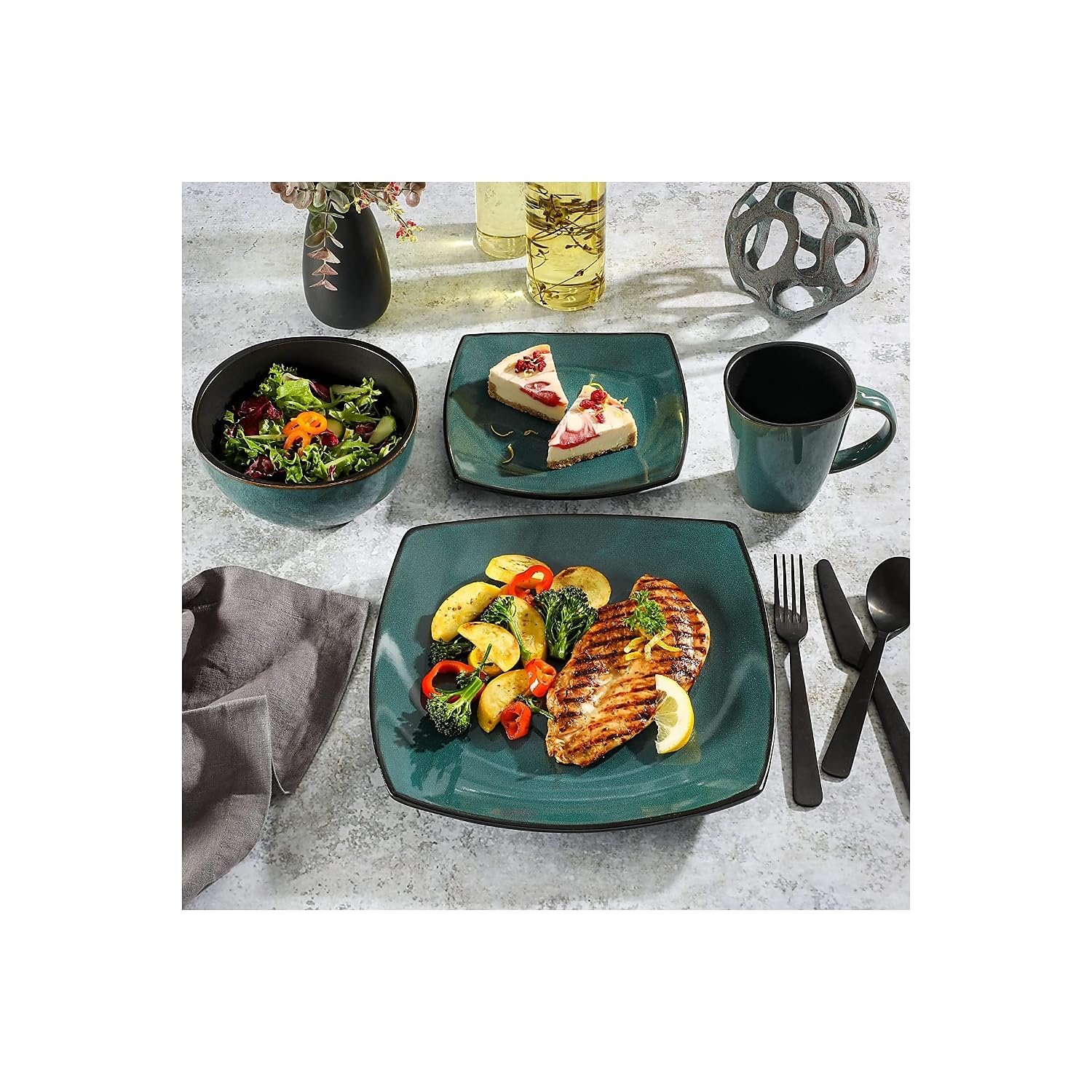 Gibson Elite Soho Lounge 16-Piece Dinnerware Set – Modern Teal Reactive Glaze Stoneware, Service for 4