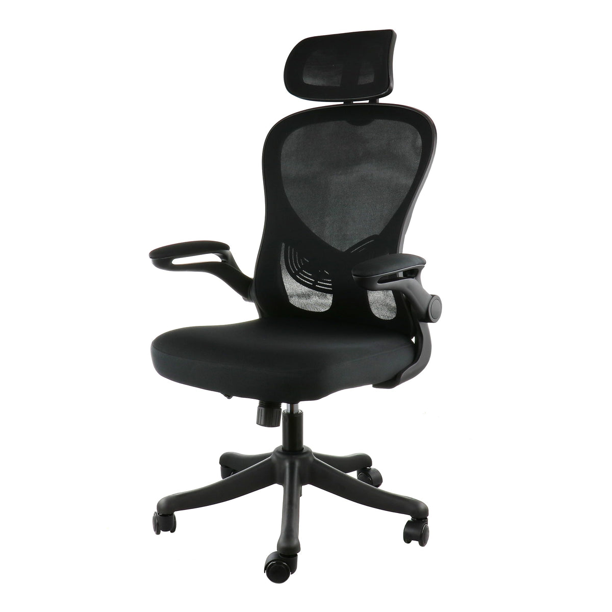Elama ergonomic high back mesh office chair with adjustable lumbar, headrest and flip-up arms, black and gray, front three-quarter view