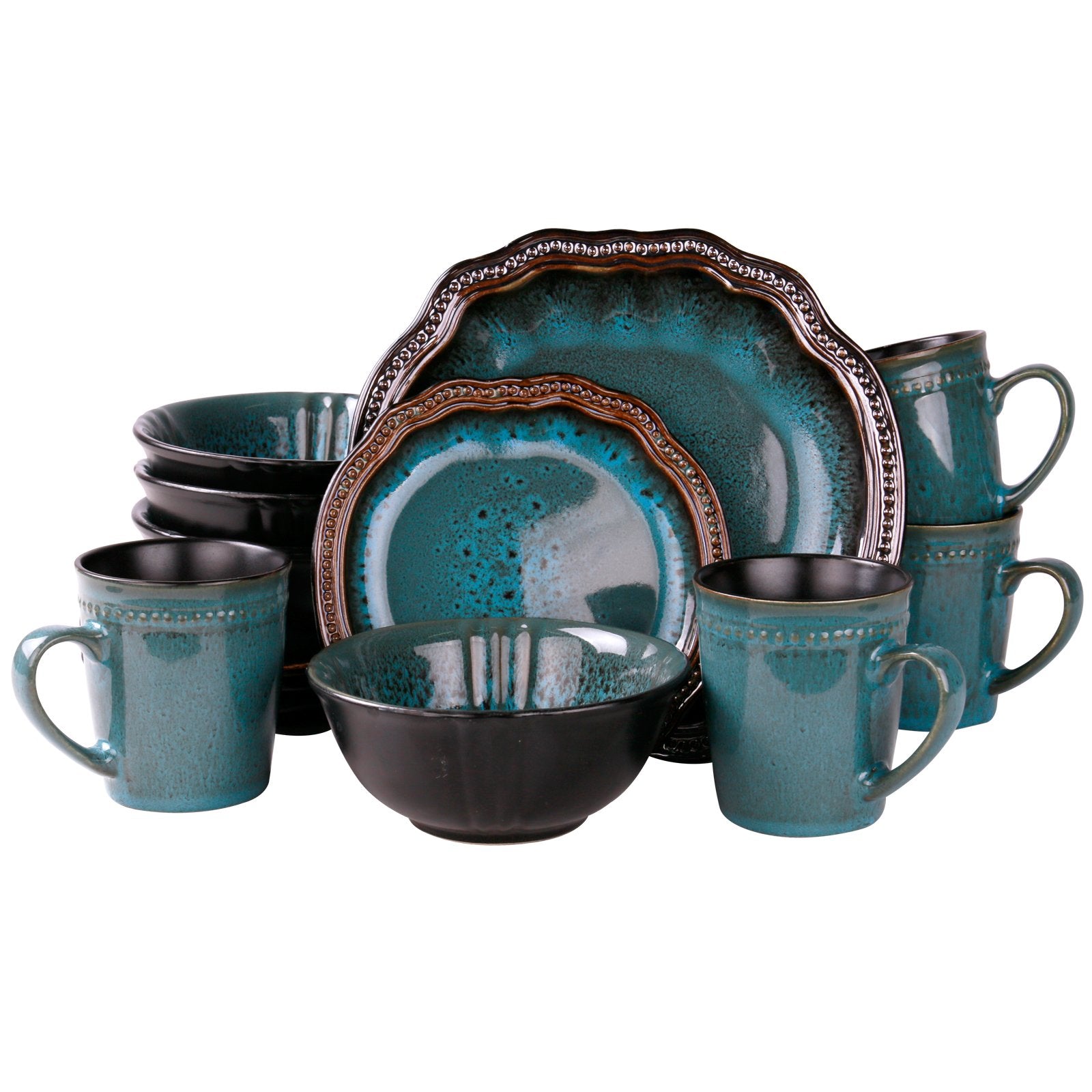 Elama Mystic Waves 16-Piece Stoneware Dinnerware Set – Turquoise Service for 4
