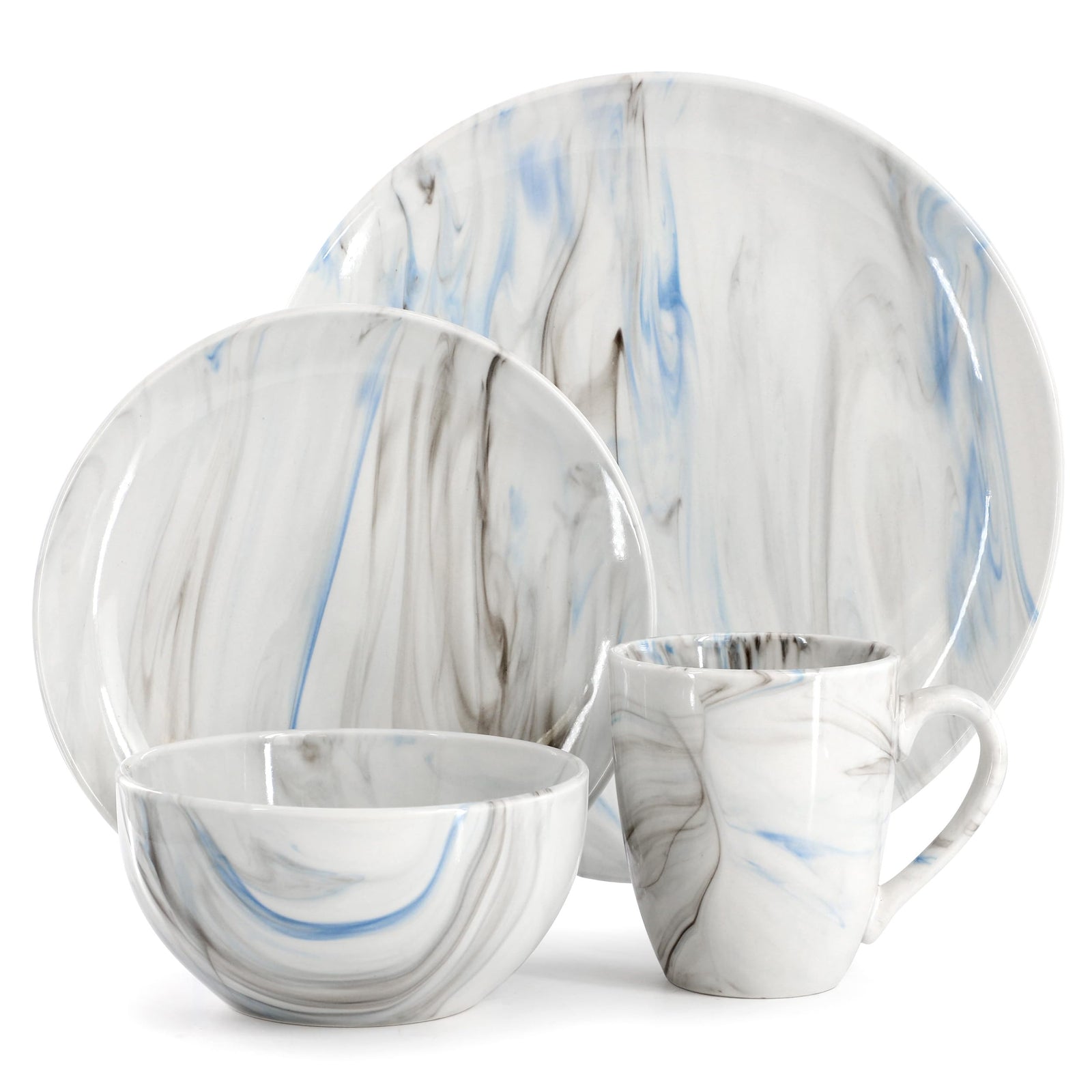 Elama Fine Marble 16-Piece Porcelain Dinnerware Set, Blue and Gray, Service for 4