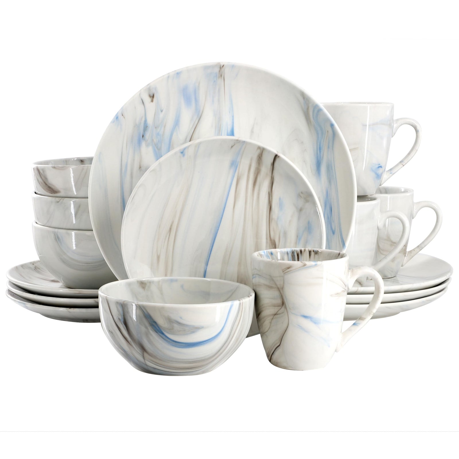 Elama Fine Marble 16-Piece Porcelain Dinnerware Set, Blue and Gray, Service for 4