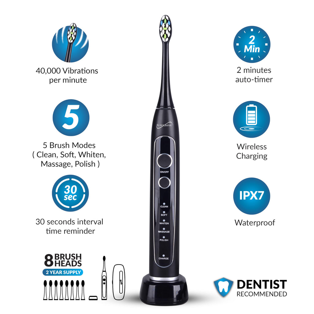 SuperSonic Sonic Zoom Advance Rechargeable Sonic Toothbrush – Black, 40,000 VPM with 5 Modes, 8 Brush Heads & Travel Case