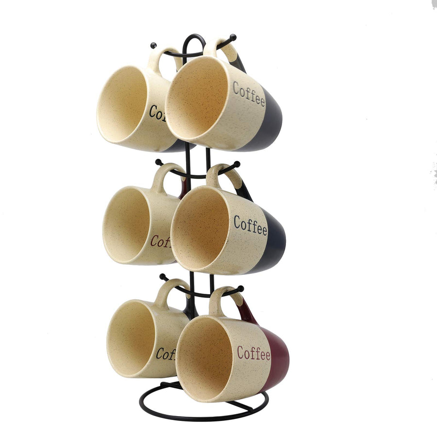 Elama Coffee House 6 Piece 12 oz Stoneware Mug Set with Stand, Assorted Colors