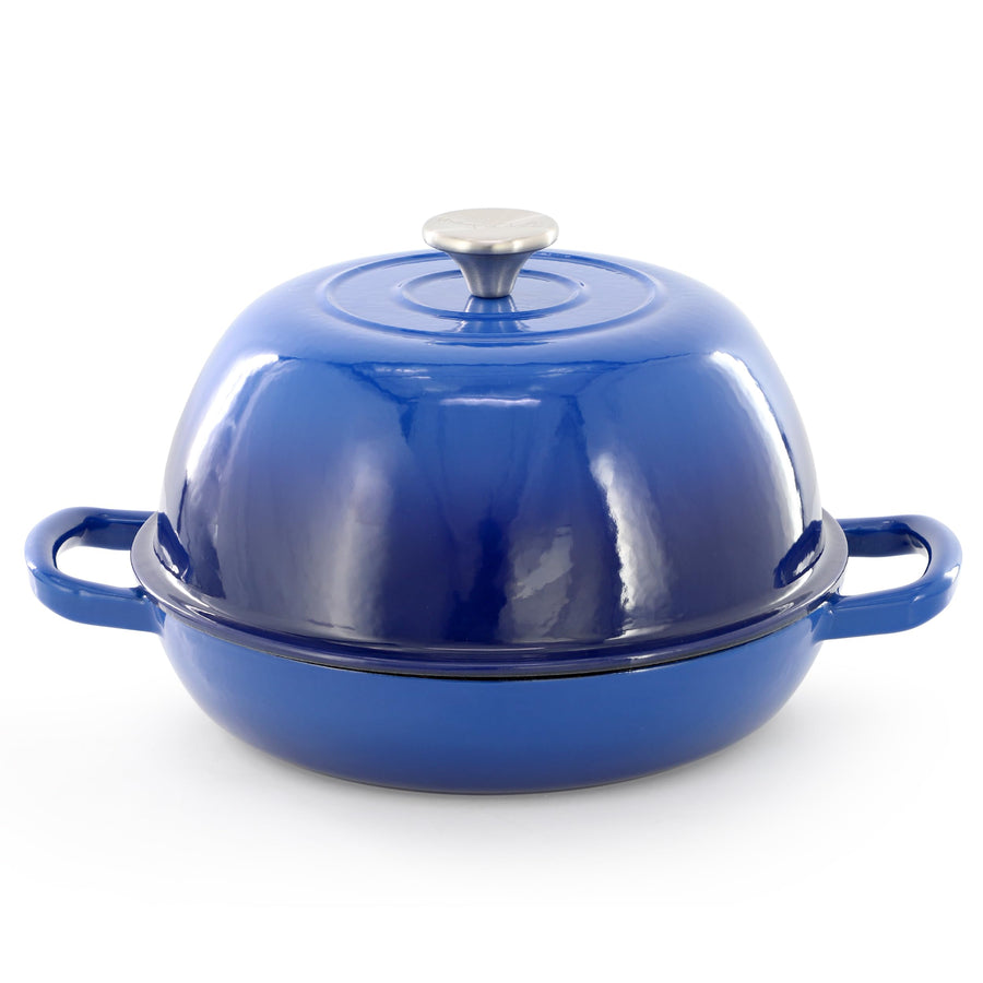 Blue enameled cast iron bread pot with high dome lid closed