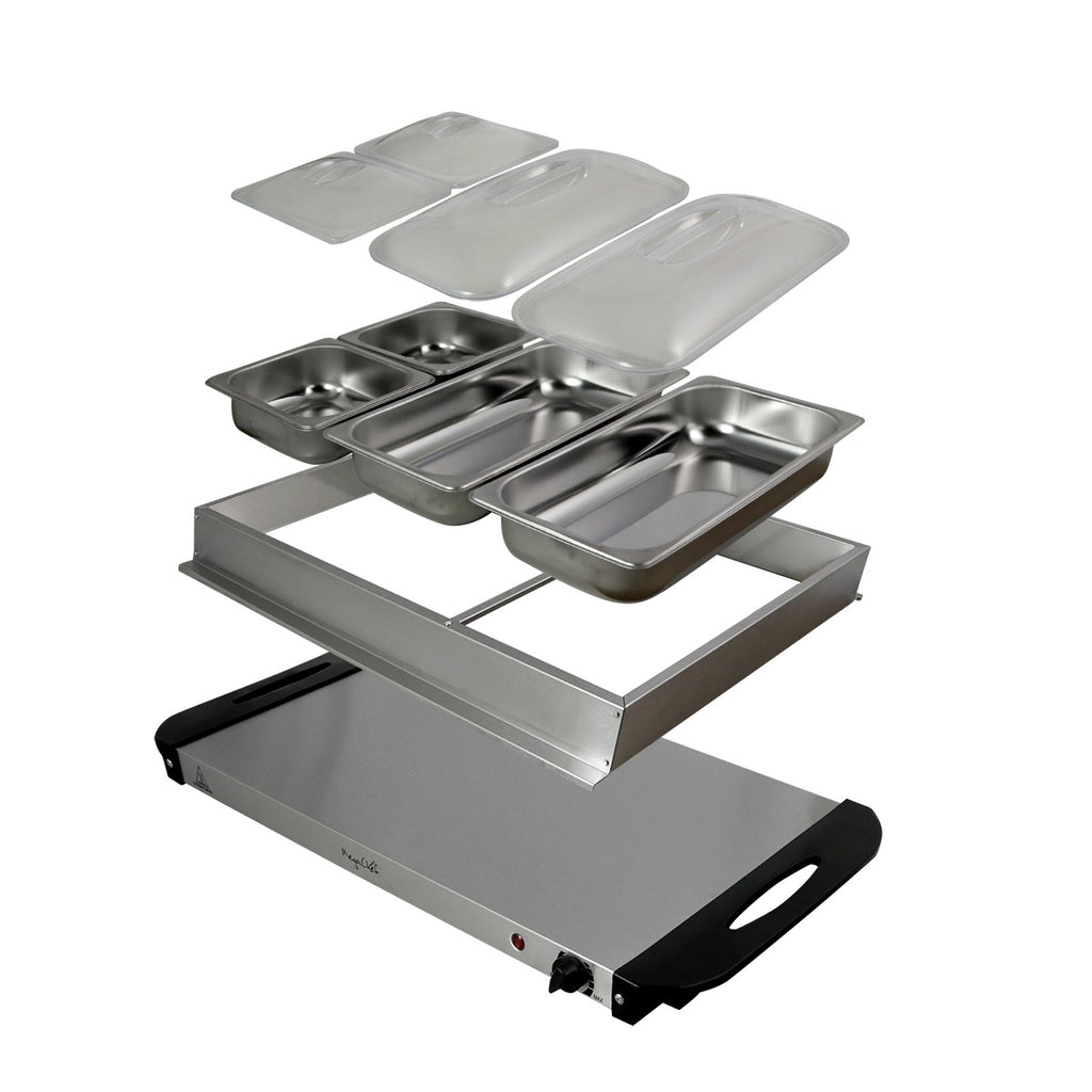 MegaChef Stainless Steel Buffet Server & Food Warmer – 4 Sectional Trays, Large Base Warming Surface, Easy-Clean Stainless Housing for Parties & Holidays