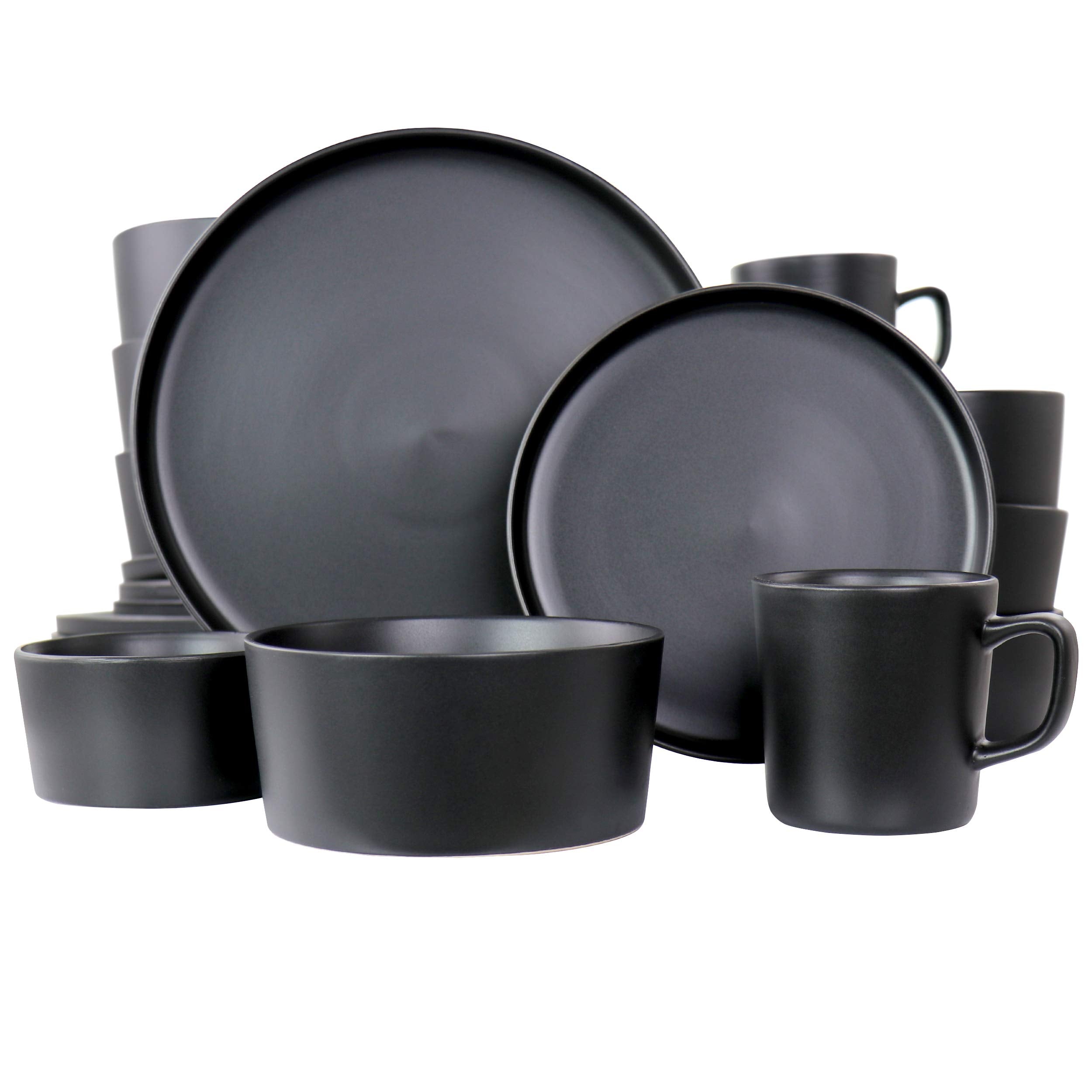 Elama Luxmatte Contemporary Stoneware Dinnerware Set – Modern Matte Black Plates & Bowls, Microwave & Dishwasher Safe