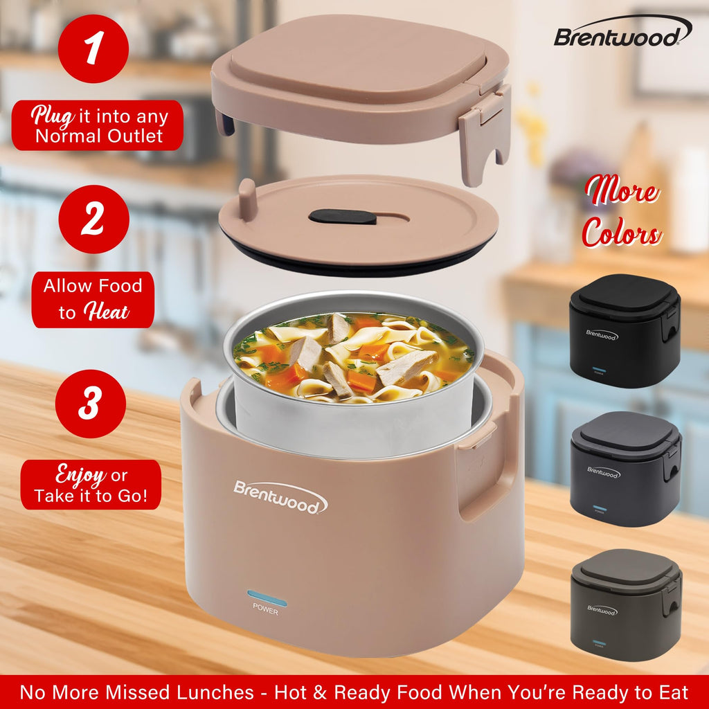 Brentwood ELB-600PK 0.6L Portable Leakproof Electric Lunch Box - Pink, 50W Food Warmer with Stainless Steel Container