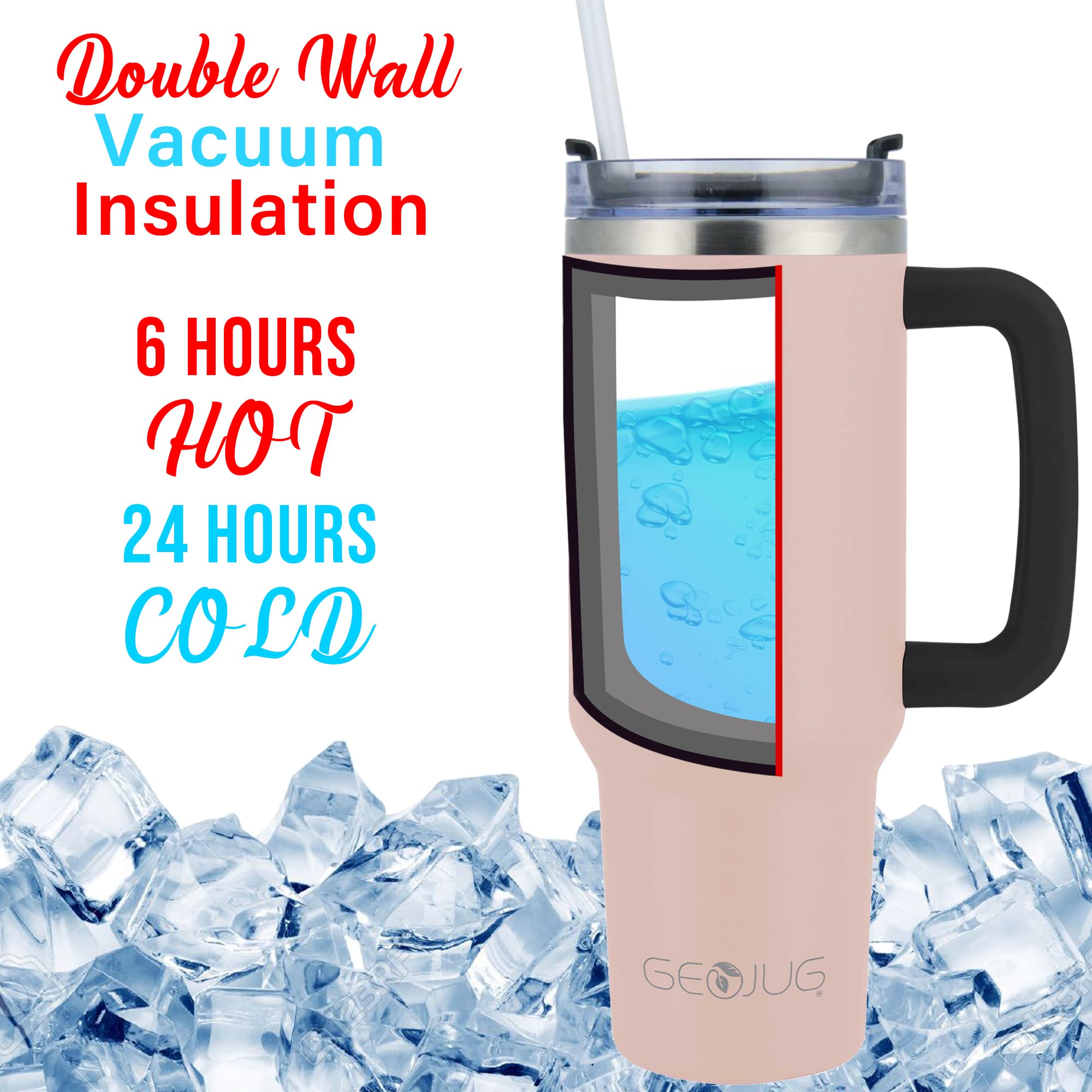 Brentwood GeoJug CMB-1200PK 40 oz Insulated Stainless Steel Tumbler with Handle, Lid and Straw - Pink