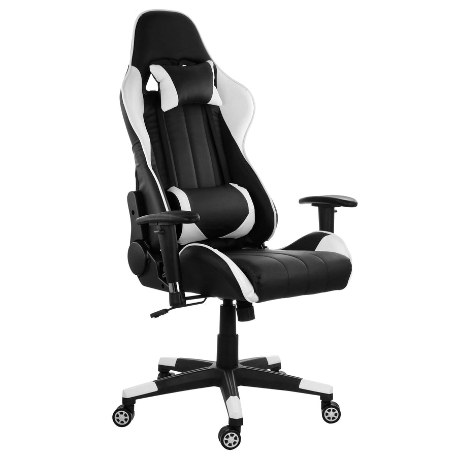 GameFitz GF-2101 reclining gaming chair in black faux leather with white trim, head pillow and lumbar pillow, front three-quarter view