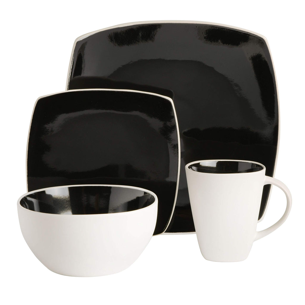 Gibson Soho Lounge Square 16-Piece Reactive Glaze Stoneware Dinnerware Set – Black & White Modern Service for 4