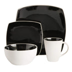 Gibson Soho Lounge Square 16-Piece Reactive Glaze Stoneware Dinnerware Set – Black & White Modern Service for 4