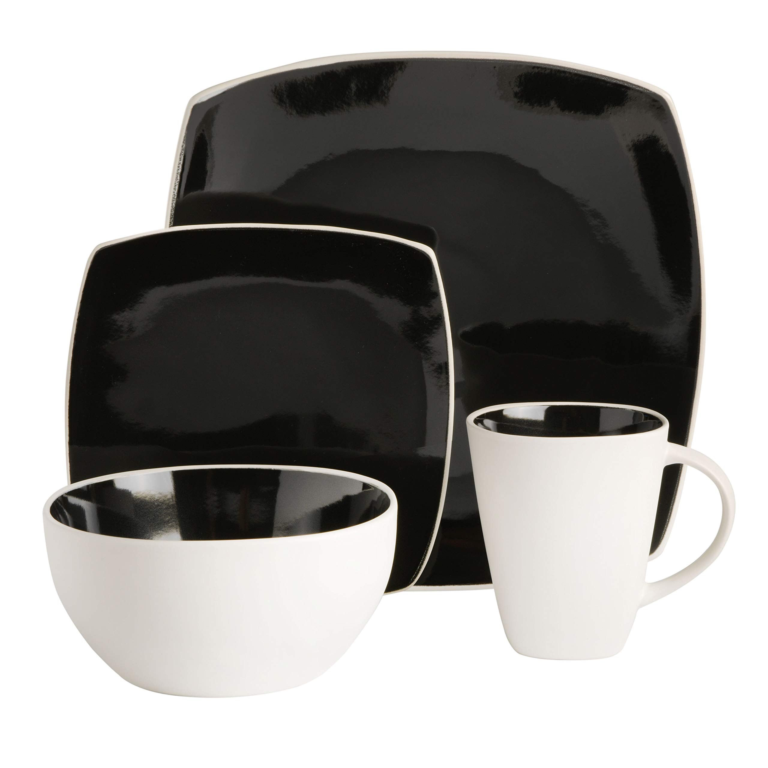 Gibson Soho Lounge Square 16-Piece Reactive Glaze Stoneware Dinnerware Set – Black & White Modern Service for 4