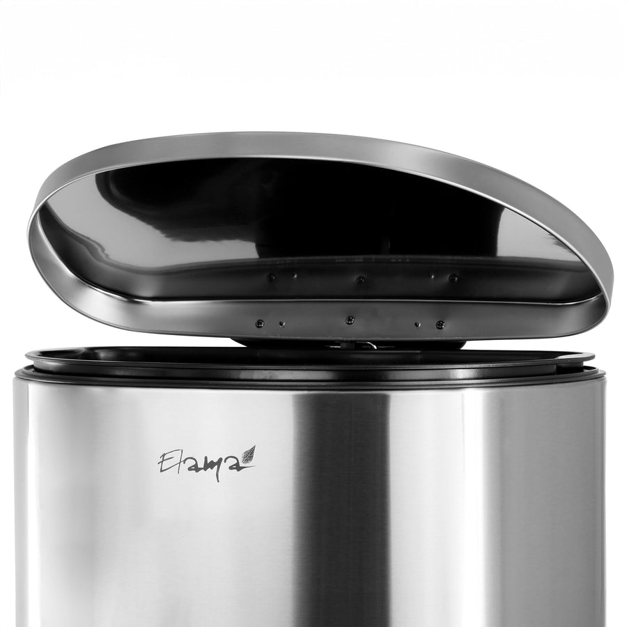 Slow-close lid open on the half-circle stainless steel trash can
