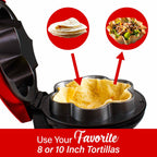 Brentwood TS-257R 10 in Electric Tortilla & Taco Bowl Maker - Red, 750W, Fits 8 in and 10 in Tortillas