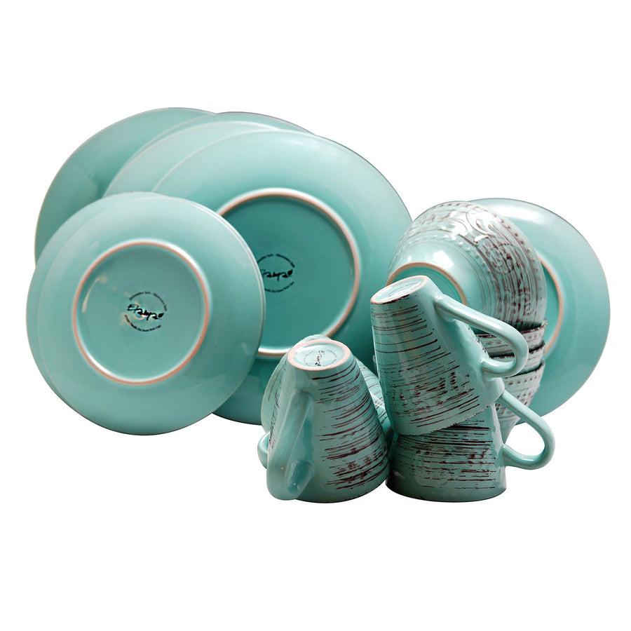 Turquoise embossed stoneware dinner plates, bowls and mugs stacked, Elama Malibu Waves set