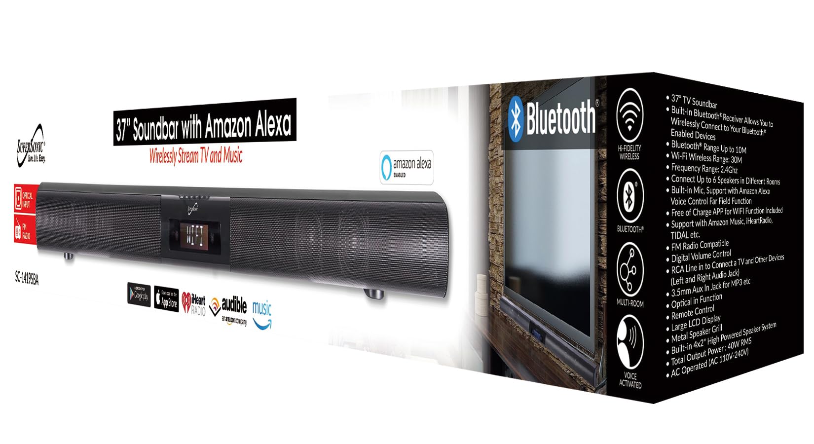 SuperSonic SC-1419SBA 37-Inch 40W Bluetooth & Wi-Fi Soundbar with Alexa Voice Control - Optical, RCA, Aux, FM Radio