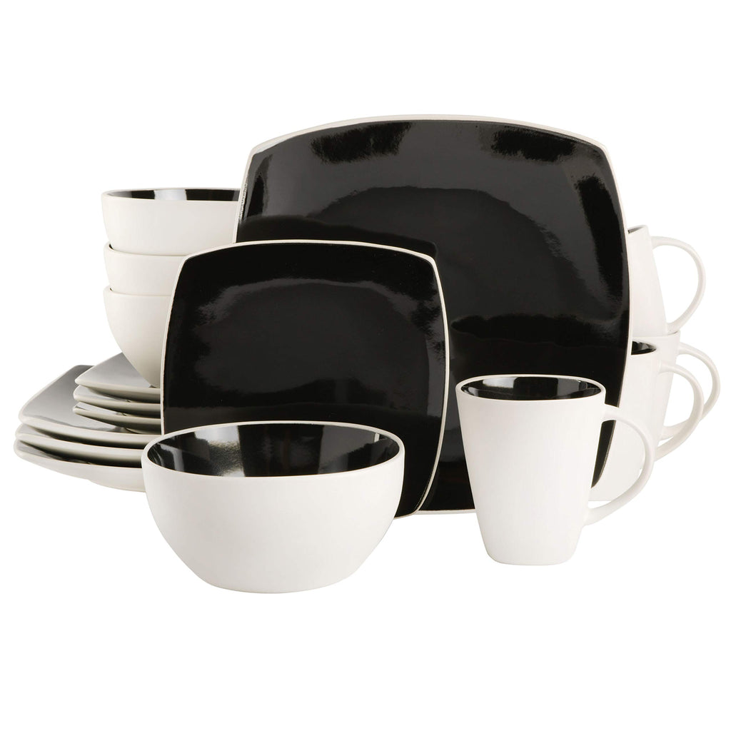 Gibson Soho Lounge Square 16-Piece Reactive Glaze Stoneware Dinnerware Set – Black & White Modern Service for 4