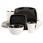 Gibson Soho Lounge Square 16-Piece Reactive Glaze Stoneware Dinnerware Set – Black & White Modern Service for 4