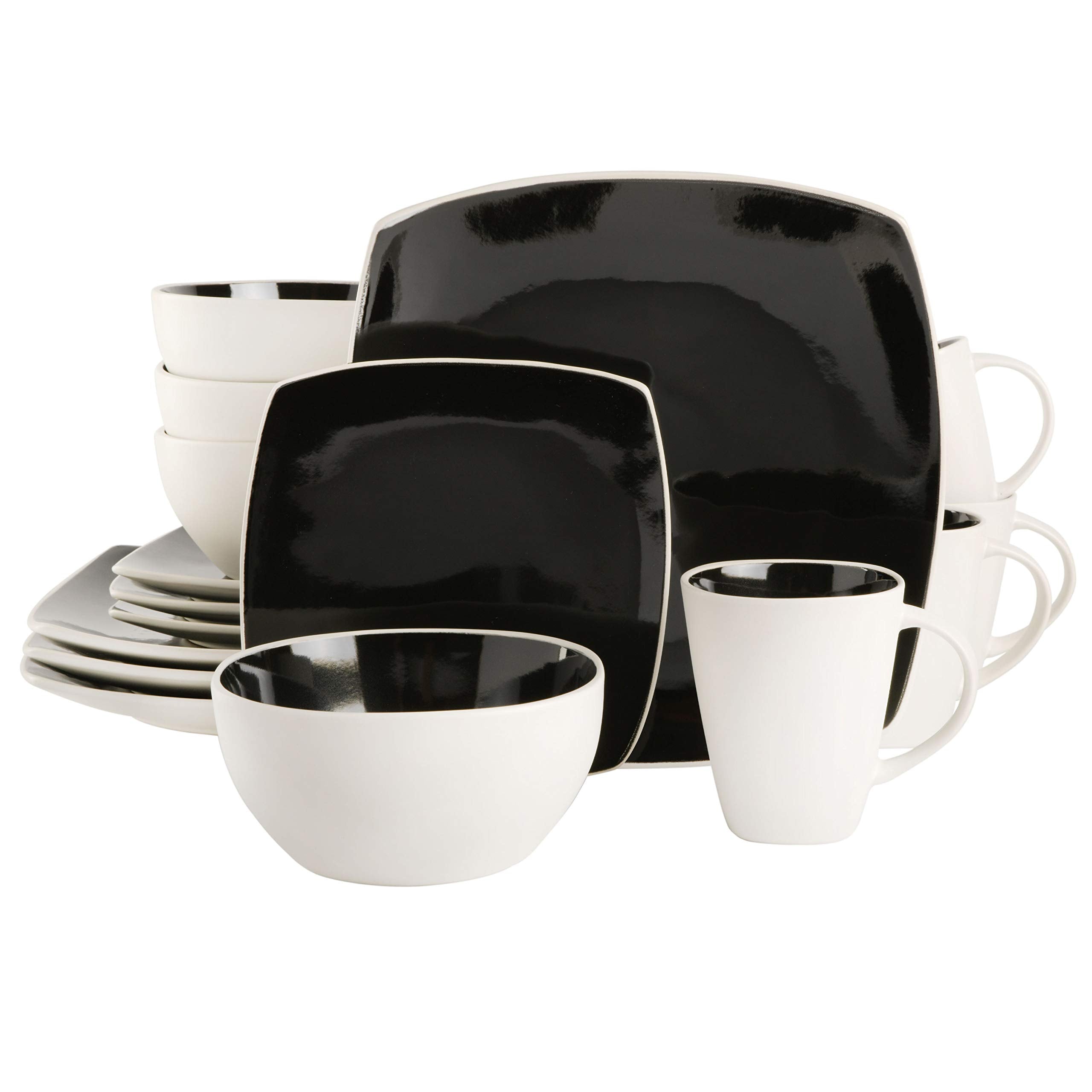 Gibson Soho Lounge Square 16-Piece Reactive Glaze Stoneware Dinnerware Set – Black & White Modern Service for 4