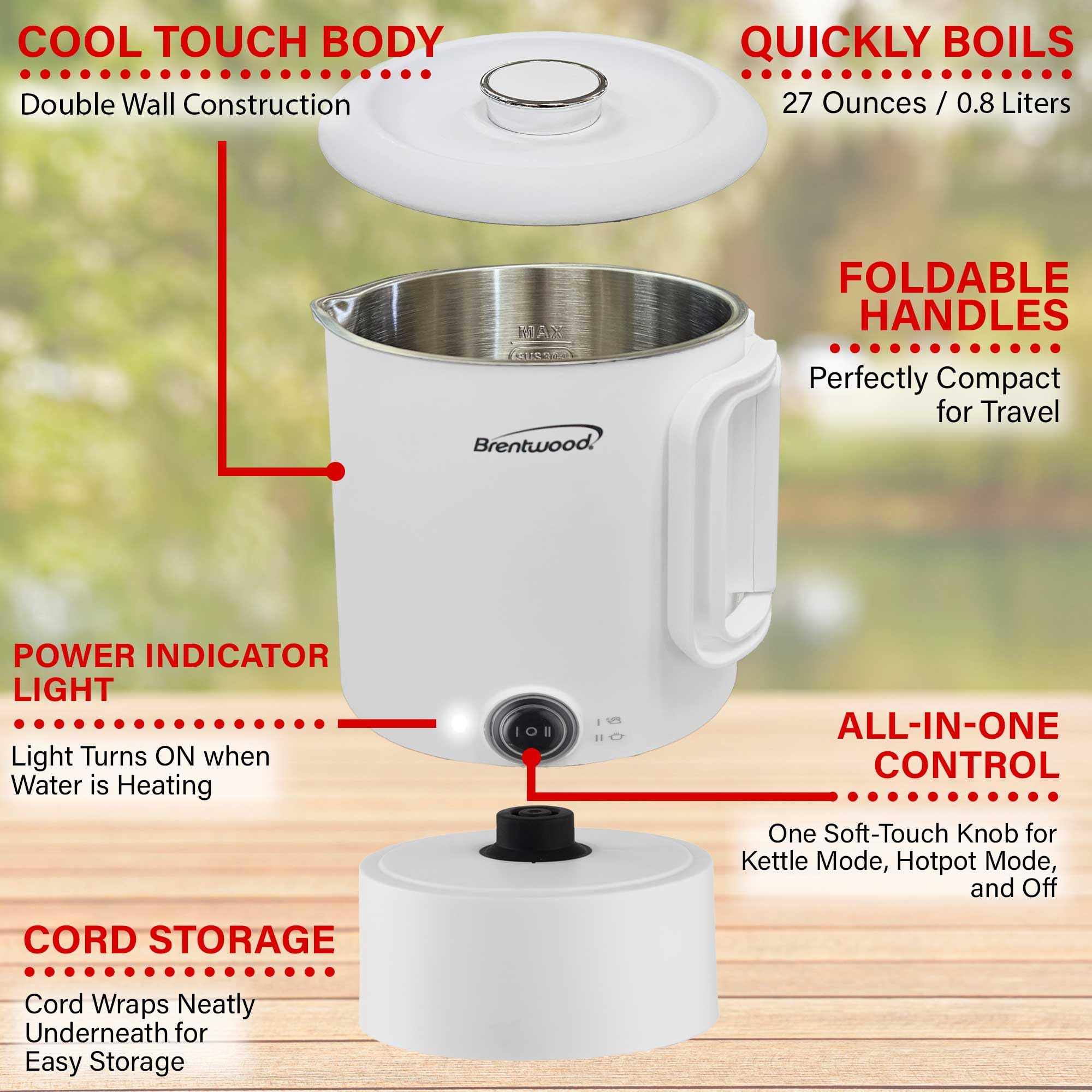Brentwood KT-1504W Collapsible Stainless Steel Cordless Electric Travel Kettle & Hot Pot - White, 650W, 27oz
