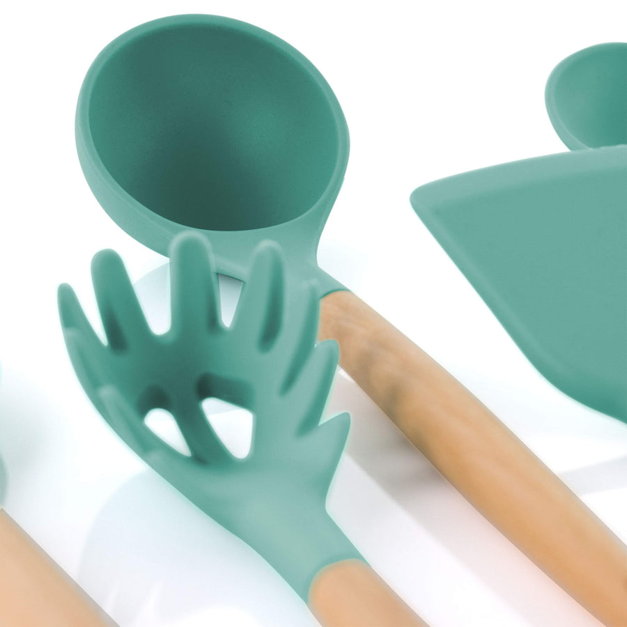 MegaChef 9-Piece Silicone and Wood Kitchen Utensil Set with Ceramic Holder, Mint Green