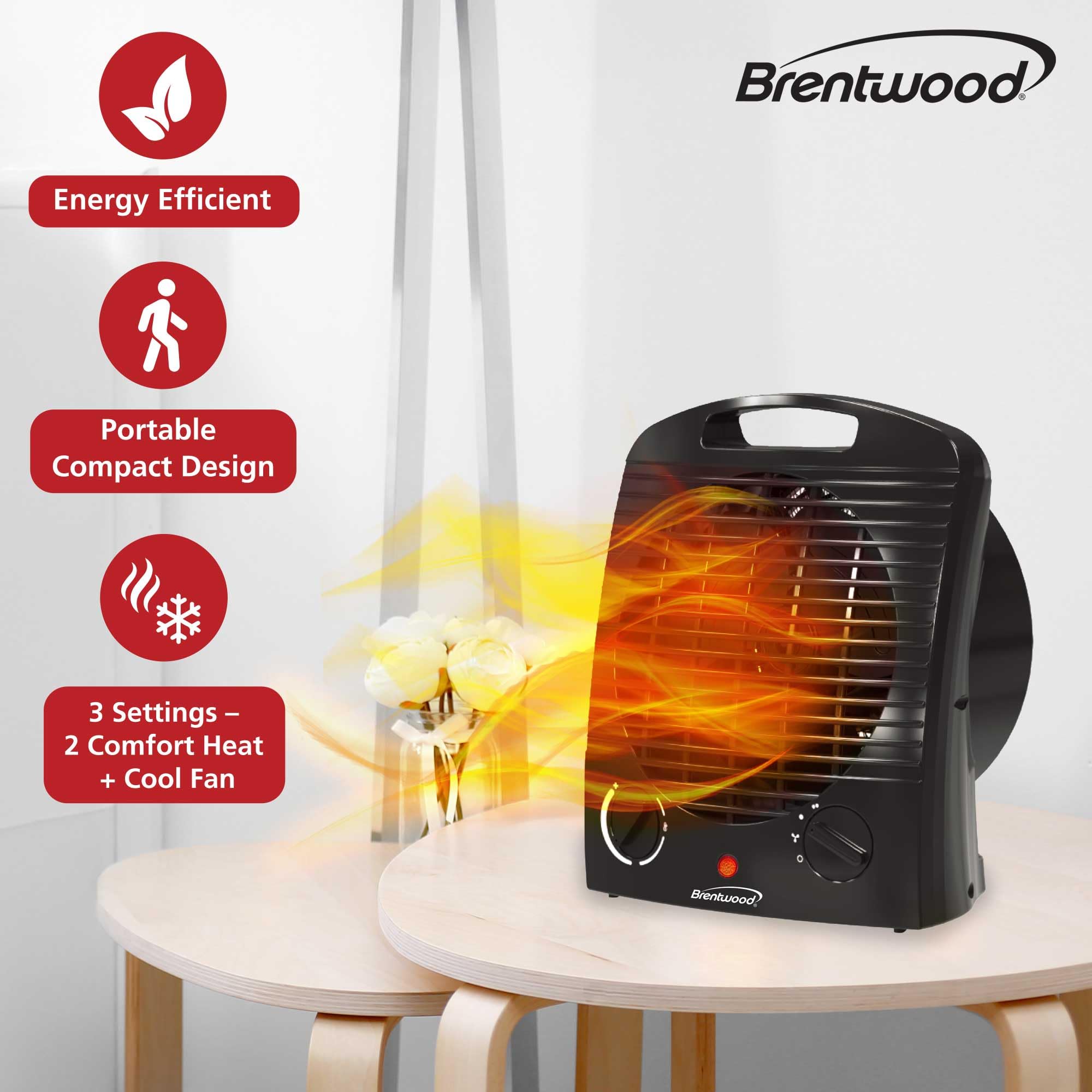 Brentwood H-F306BK 1500W Portable Electric Space Heater and Fan - Black, Adjustable Thermostat with Tip-Over Protection