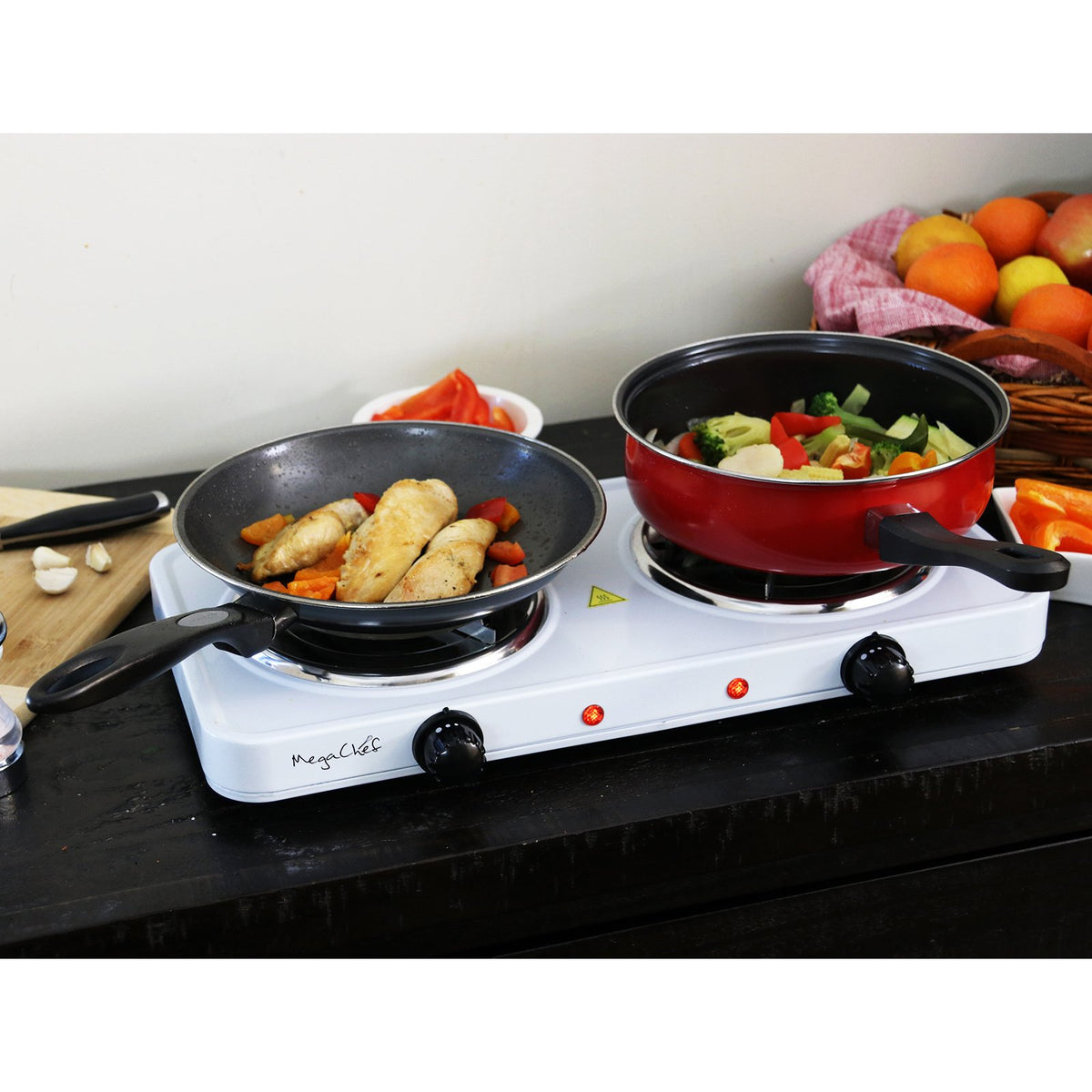 MegaChef MC-2012A-W Portable Dual Coil Cooktop, 1700W, Two 5.5 in Burners, White, Independent Temperature Knobs with Indicator Lights