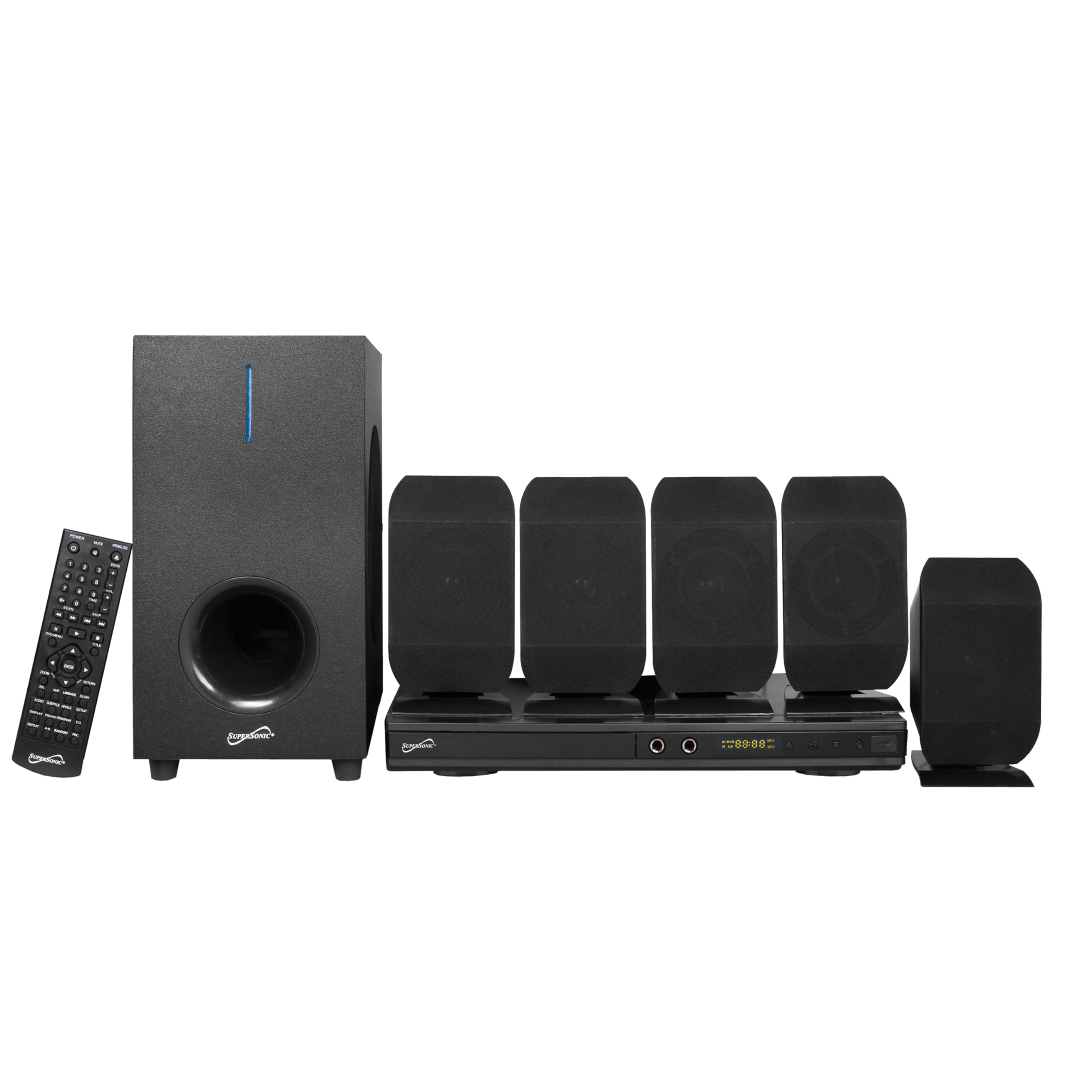 SuperSonic SC-38HT 5.1 channel DVD home theater system with subwoofer and satellites