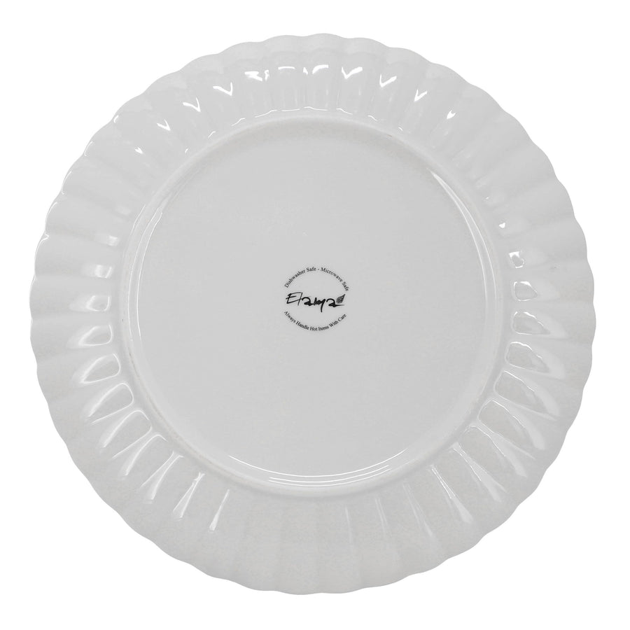 Underside of an Elama Jane scalloped white porcelain plate with dishwasher and microwave safe backstamp