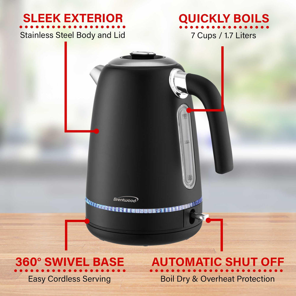 Brentwood KT-1792 1.7L 1500W Cordless Electric Stainless Steel Kettle