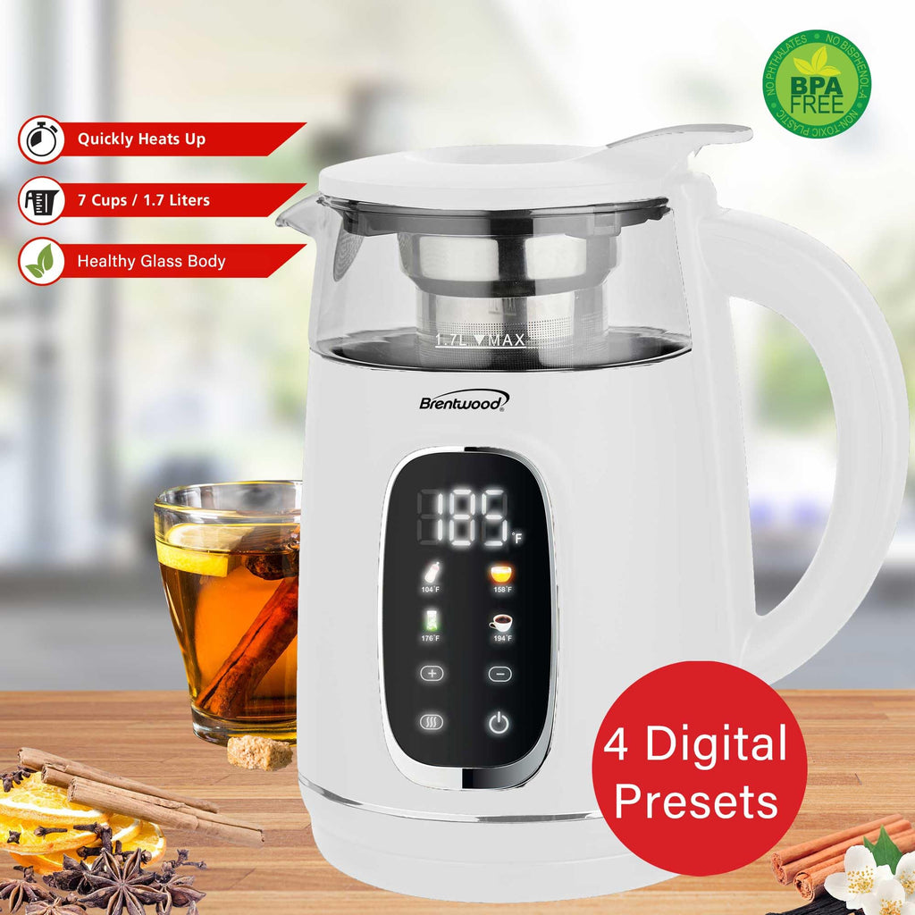 Brentwood KT-2018W 1.7L 1100W Cordless Digital Glass Electric Kettle - White, Stainless Tea Infuser with 4 Presets and Keep Warm